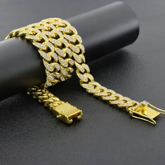 1pc Cuban Chain Full Of Rhinestone Hip-hop Fashion Bracelet For Men - Picture 1 of 4